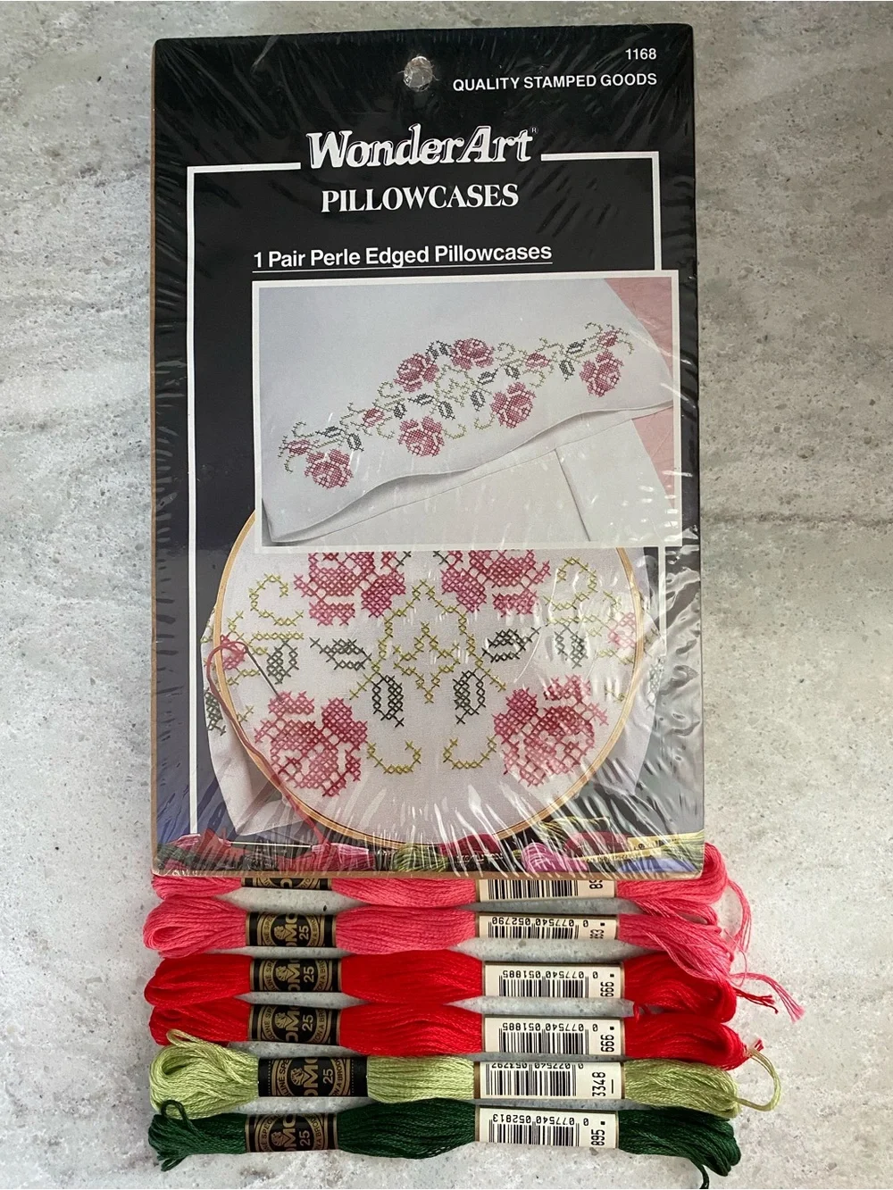 WonderArt Colonial Rose Stamped Cross Stitch Perle Edged Pillowcases Plus Floss